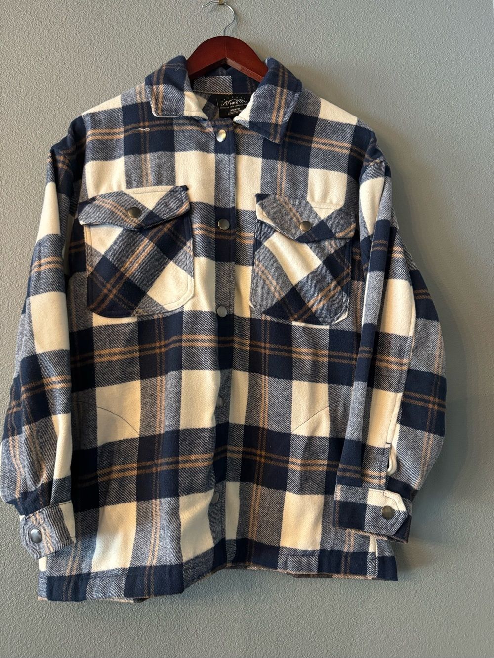 HFX Women's Plaid Flannel Shacket XS Blue Cream Snap Front Shirt Jacket Pockets